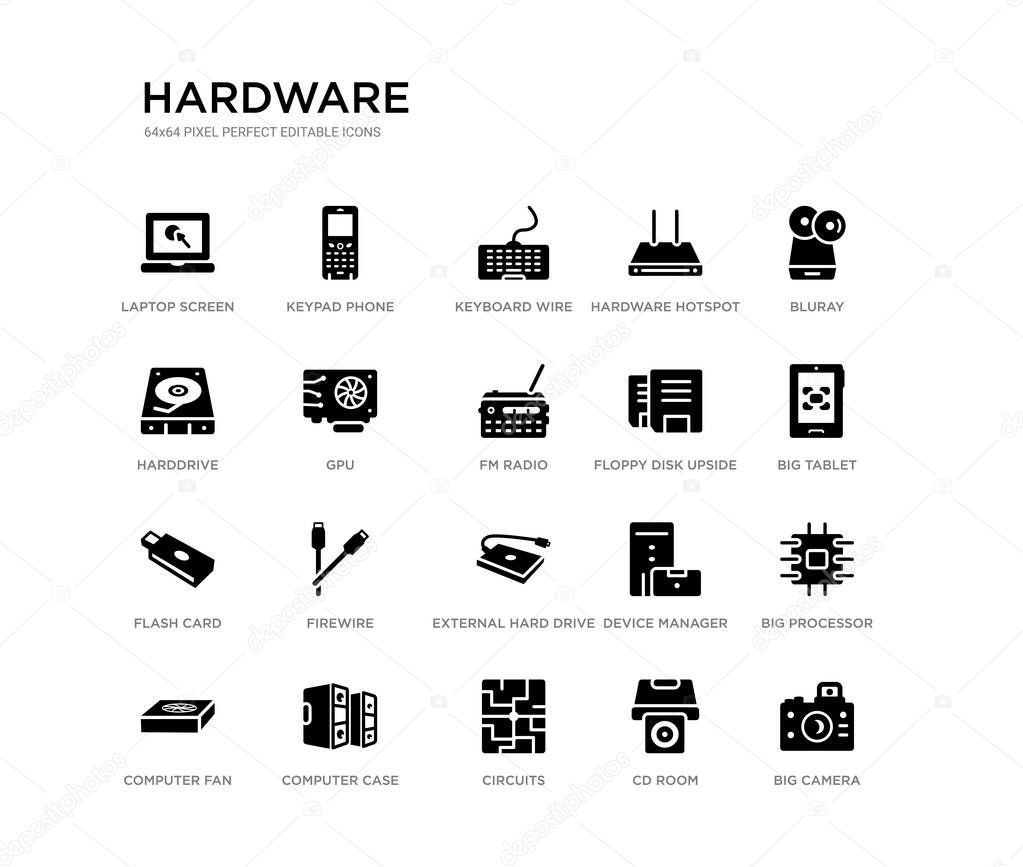 set of 20 black filled vector icons such as big camera, big processor, big tablet, bluray, cd room, circuits, harddrive, hardware hotspot, keyboard wire, keypad phone. hardware black icons