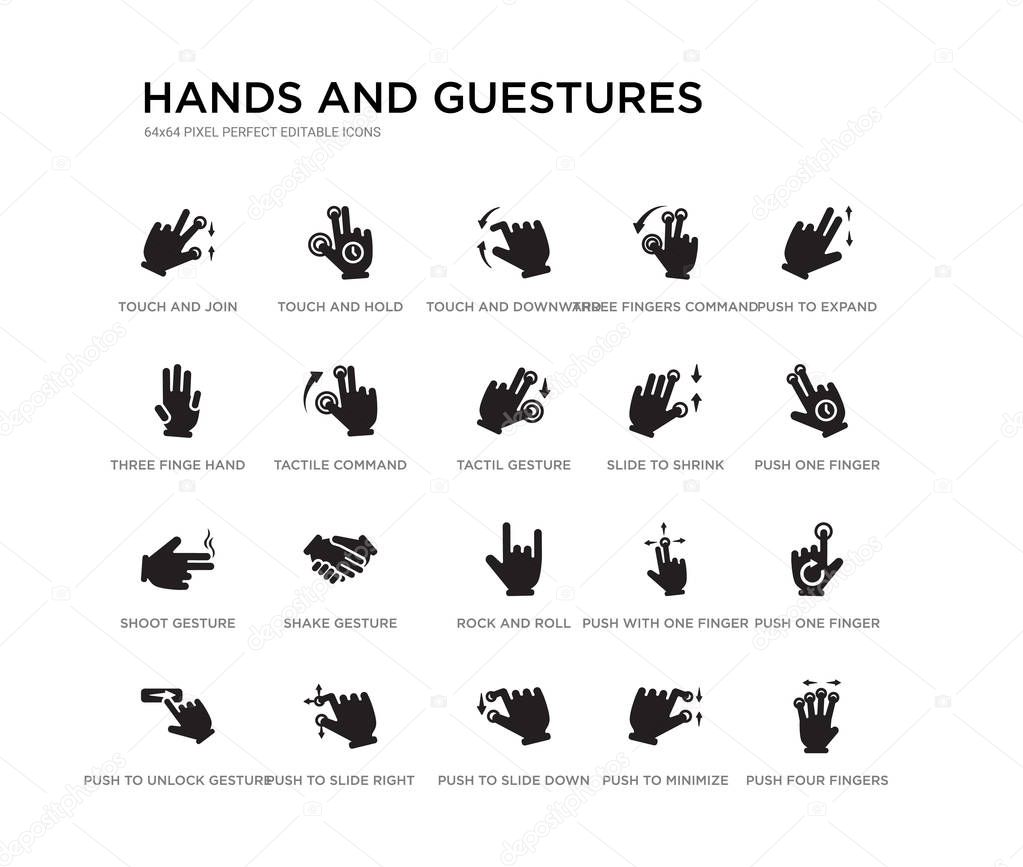 set of 20 black filled vector icons such as push four fingers and move gesture, push one finger and twist back, push one finger and wait, to expand, to minimize gesture, to slide down, three finge