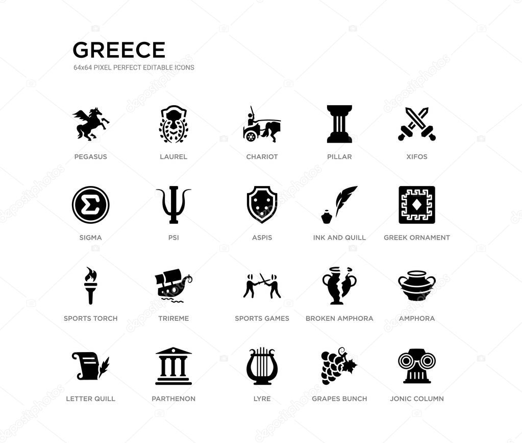 set of 20 black filled vector icons such as jonic column, amphora, greek ornament, xifos, grapes bunch, lyre, sigma, pillar, chariot, laurel. greece black icons collection. editable pixel perfect