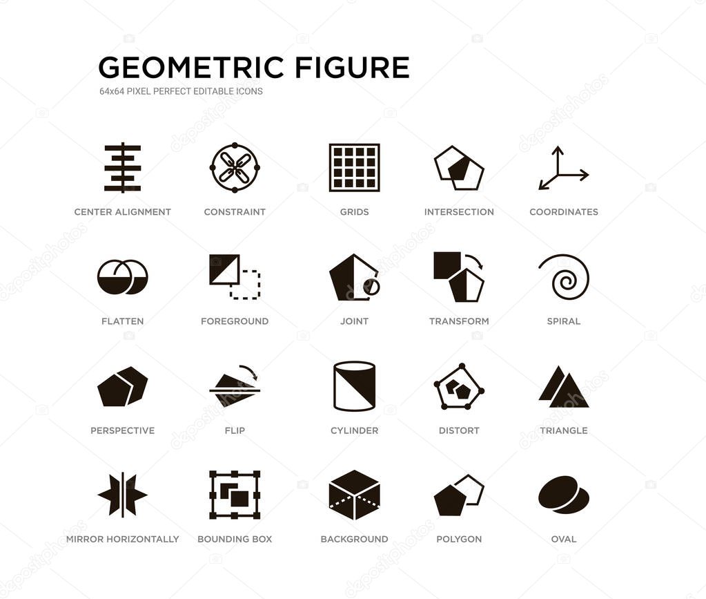 set of 20 black filled vector icons such as oval, triangle, spiral, coordinates, polygon, background, flatten, intersection, grids, constraint. geometric figure black icons collection. editable