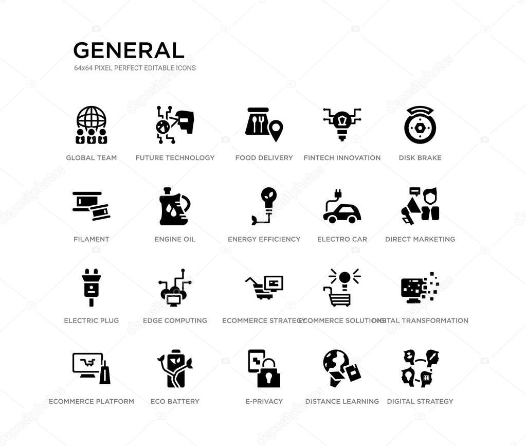 set of 20 black filled vector icons such as digital strategy, digital transformation, direct marketing, disk brake, distance learning, e-privacy, filament, fintech innovation, food delivery, future