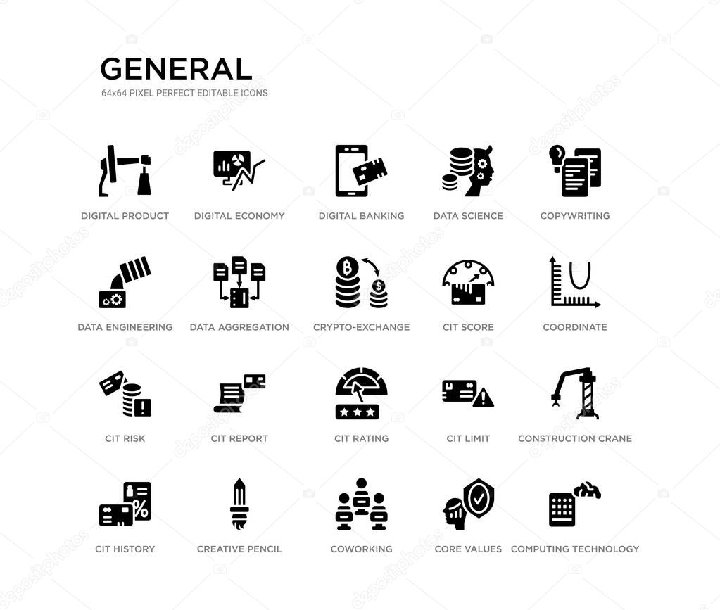 set of 20 black filled vector icons such as computing technology, construction crane, coordinate, copywriting, core values, coworking, data engineering, data science, digital banking, digital