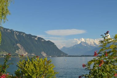 Panoramik Cenevre Gölü. Dağlar, tepeler, yeşil ve mavi gökyüzü. Montreaux, İsviçre.