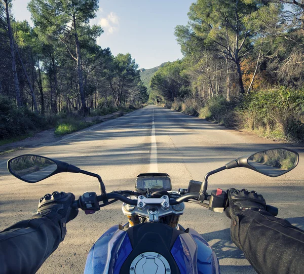 Борту Мотоцикла Дороге Пересекающей Лес Солнечный День — стоковое фото