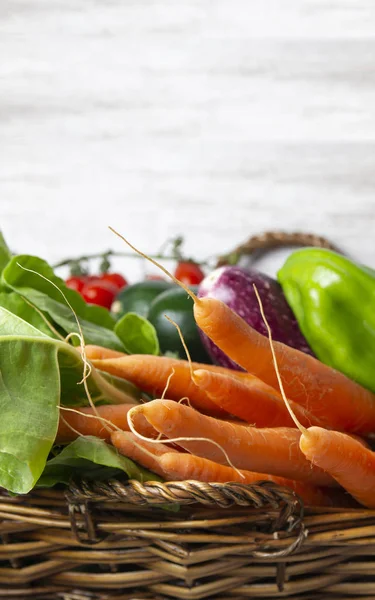 Basket of fresh vegetables with white background and space for y