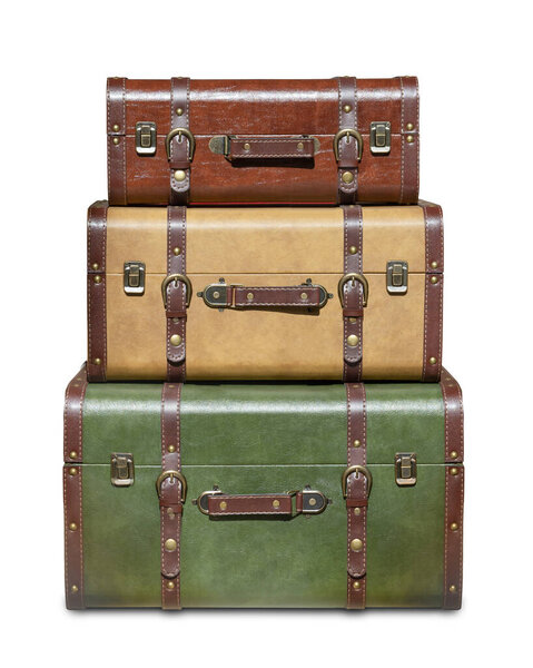 three stacked vintage suitcases isolated from white background - image