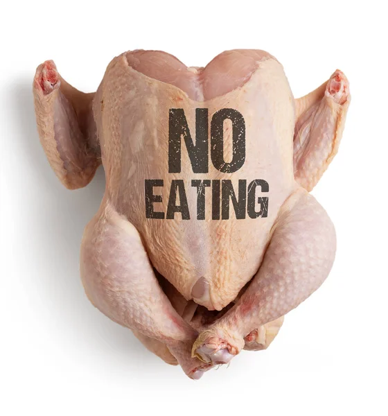 Ayam mentah dengan pesan konseptual untuk vegan "Dilarang makan" mengandung jalur kliping - gambar — Stok Foto