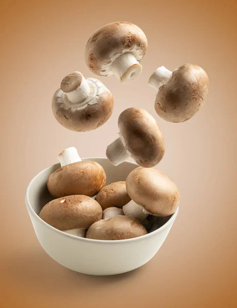 Cogumelos Voando Tigela Branca Fundo Marrom — Fotografia de Stock
