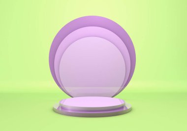 Yeşil zemin üzerinde ürün için podyum rafı, yansımalı leylak dairesel parçalar