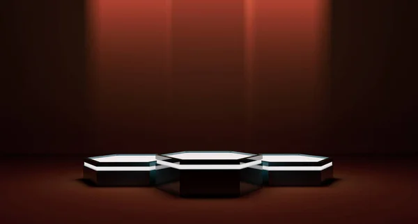 Ürün için altıgen podyum aşaması, loş ışıklandırma, teknolojik çevre, kırmızımsı tonlar