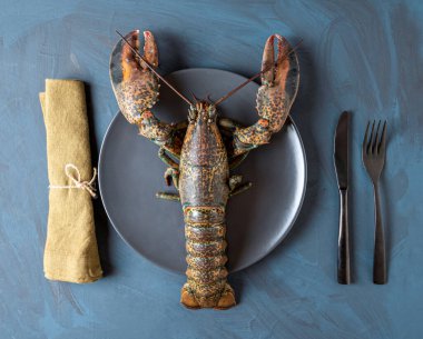 Çatal bıçaklı ve peçeteli taze ıstakoz, lüks konsepti, gurme, kaliteli taze deniz ürünleri.