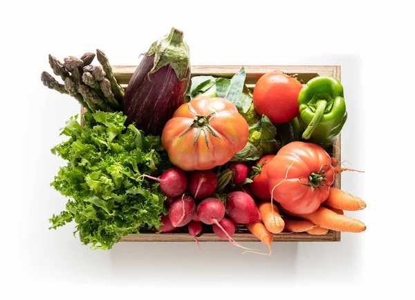 Wooden Box Fresh Vegetables Isolated White Background Top View — Stock Photo, Image