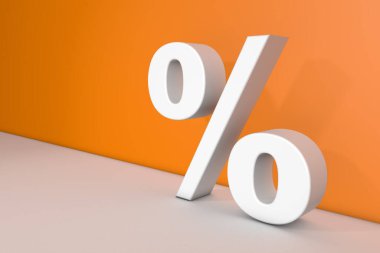 Turuncu arkaplan, iş ve hesap kavramında yüzde işareti