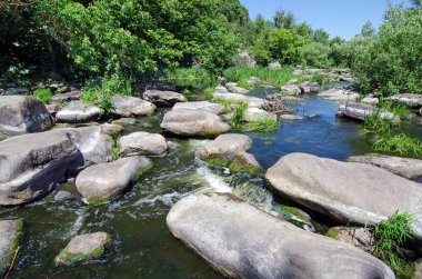 Güneşli bir görünümü geçerli nehrin taş kayalar ve yeşil ağaçları ile. Buki, Cherkasy region, Ukrayna.