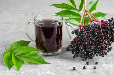 Mürver demet yeşil yaprakları ile çilek ve içki bir cam üzerinde gri bir arka plan dokulu.