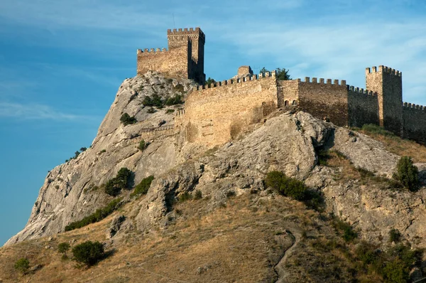 Ortaçağ Kalesi Kuleleri Savunma Duvarları Ile Sudak Crimea Açık Havada — Stok fotoğraf