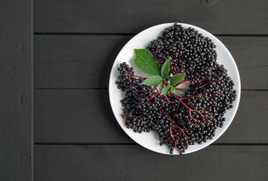 Ahşap arka planda, olgun böğürtlen kümeleri ve metin için fotokopi alanı. Üst görünüm.