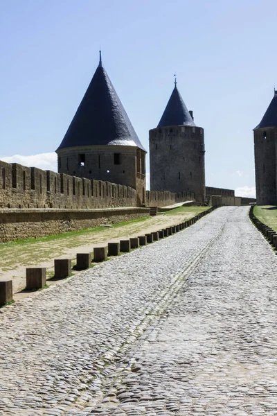 Franciaország Carcassonne August 2014 Carcassonne Kastély Hatalmas Erődítményei Bástyái Gyönyörű — Stock Fotó