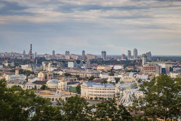 KIEV UKRAINE 20 JUNE 2020. Beautiful view of the old and new districts of Kyiv. View on Podol and Oboblon, Kyiv, Ukraine