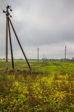 Bulutlu havada elektrik hatları devrede. Sonbahar sahasında elektrik kabloları olan iç karartıcı bir manzara..