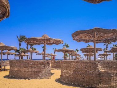 Güzel deniz kıyıları. Deniz kıyısında bir sahil. Wicker plaj şemsiyeleri ve rüzgar çitleri. Plaj tatilinin kavramsal görüntüsü.