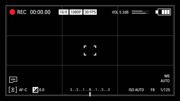 Visor de cámara fondo negro. Ilustración de pantalla ancha. Elementos de la interfaz de usuario: indicador de tiempo, etiqueta de grabación, icono de la batería, punto de mira . —  Fotos de Stock