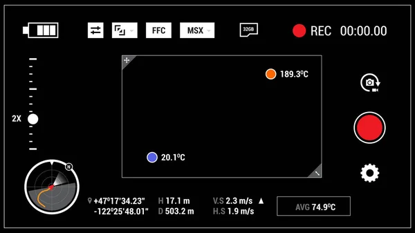Fondo del visor de cámara infrarroja 4k con interfaz de usuario. Ilustración de pantalla ancha — Archivo Imágenes Vectoriales