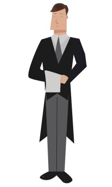 Çizgi film butler gözleri kapalı ve beyaz bir arka plan üzerinde izole bileğini peçeteye ile