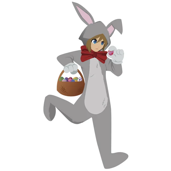 Girl Dressed Easter Bunny Chocolate Egg Easter Bucket Isolated White — Stock Vector