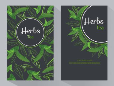 Otlar çay dikey afiş, yuvarlak çay çerçeve, vektör çizim, çizgi resim tasarım kozmetik, doğal tıp, bitkisel çay, yemek menüsü için dekoratif çay yaprakları. 