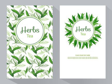 Otlar çay dikey afiş, yuvarlak çay çerçeve, vektör çizim, çizgi resim tasarım kozmetik, doğal tıp, bitkisel çay, yemek menüsü için dekoratif çay yaprakları. 