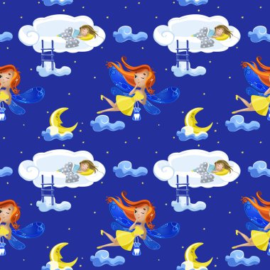 Ay yıldızlı gökyüzü ve arka planı uçan vektör seamless modeli ile sevimli çizgi peri uçar