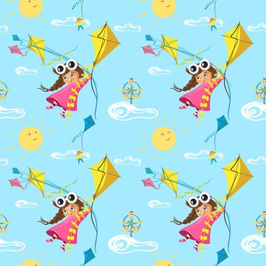 Vektör karikatür bir balon ile uçan küçük kız ile seamless modeli. Kartlar, davetiyeler, parti, afiş, anaokulu, bebek duş için ideal, okul öncesi ve çocuk oda dekorasyon 
