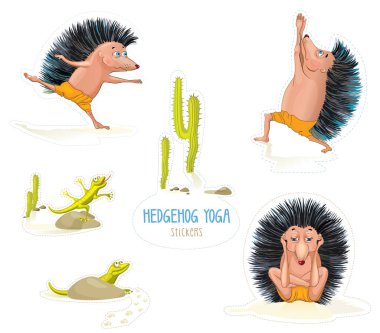 Kirpi yoga etiket kümesi. Vektör karikatür çizim