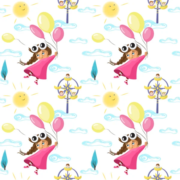 Vector seamless pattern with funny little girl flying with a balloons, in cartoon. Ideal for cards, invitations, party, banners, kindergarten, baby shower, preschool and children room decoration 