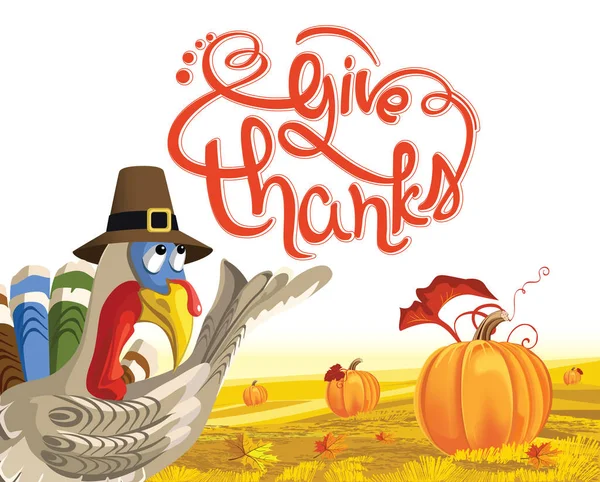 Give Thanks Illustration Lettering Give Thanks Pumpkin Fallen Leaves Turkey — Stock Vector