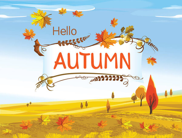 Autumn. Poster with the inscription. Illustration of an autumn with a pumpkin and a lantern, fallen leaves, acorns against the background of an autumn landscape.