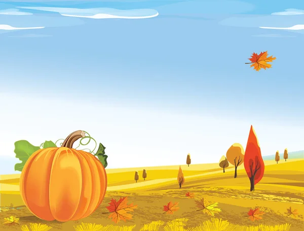 Vector Illustration Autumn Landscape Trees Fall Leaves Pumpkin — Stock Vector