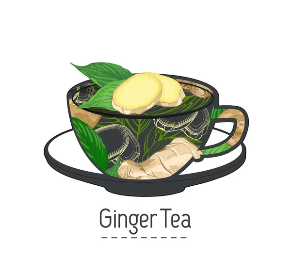 Tasse Tee Mit Ingwerwurzel Und Blättern Element Für Design Einladungen — Stockvektor