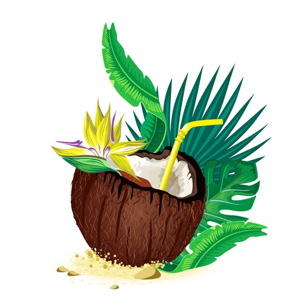 Tropisk Kokos Cocktail Med Färgglada Sugrör Och Blommor Paradis Fågel — Stock vektor