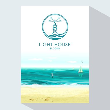 Deniz feneri Logo tasarımı deniz arka plan üzerinde. Broşür afiş tasarım şablonu vektör.