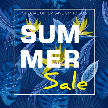 Yaz satış arka plan çiçekler cennet kuşu, palmiye yaprakları ile. Afiş, poster, afiş, kartı, kartpostal, kapak, broşür için vektör arka plan.