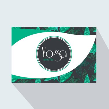 Yoga nane nane çayı kurumsal iş kartıyla yapraklar ve çiçekler. Çay marka öğesi için tasarım davetiyeler, hediye kartları, el ilanları ve Broşürler.  
