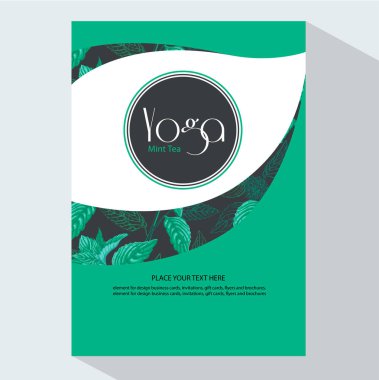 Yoga Nane çay marka ve nane yaprakları ve çiçekleri ile ambalaj. Broşür afiş tasarım şablonu. Çay marka öğesi tasarım davetiye, el ilanları ve Broşürler. 