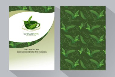 Şablon, etiket, afiş, poster, Kişilik, ambalaj vektör çay marka. Renkli arka plan dekoratif tasarım - çay ile stilize bir kupa unsurları ile bırakır. Çay için şık tasarım.