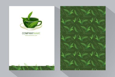 Şablon, etiket, afiş, poster, Kişilik, ambalaj vektör çay marka. Renkli arka plan dekoratif tasarım - çay ile stilize bir kupa unsurları ile bırakır. Çay için şık tasarım.