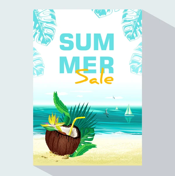 Sommerschlussverkauf Hintergrund Mit Tropischen Palmblättern Pflanzen Und Kokosnuss Vektor Banner — Stockvektor
