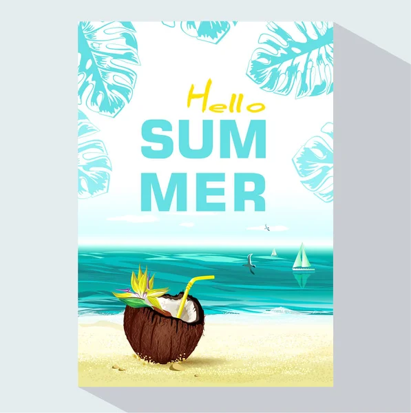 Hello Summer Background Coconut Sea Beach Sailboats Seagulls Flowers Paradise — Stock Vector