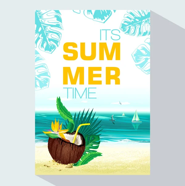 Seinen Sommerlichen Hintergrund Mit Tropischen Palmenblättern Pflanzen Und Kokosnüssen Vektor — Stockvektor