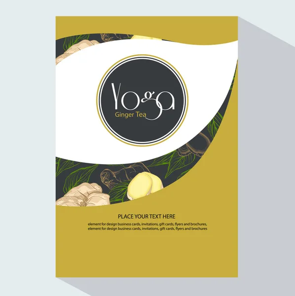 Yoga Tea Branding and Packaging  with Ginger root and leaves. Trendy style with Yoga Ginger tea. Tea Branding Element for design invitations, gift cards, flyers and brochures.